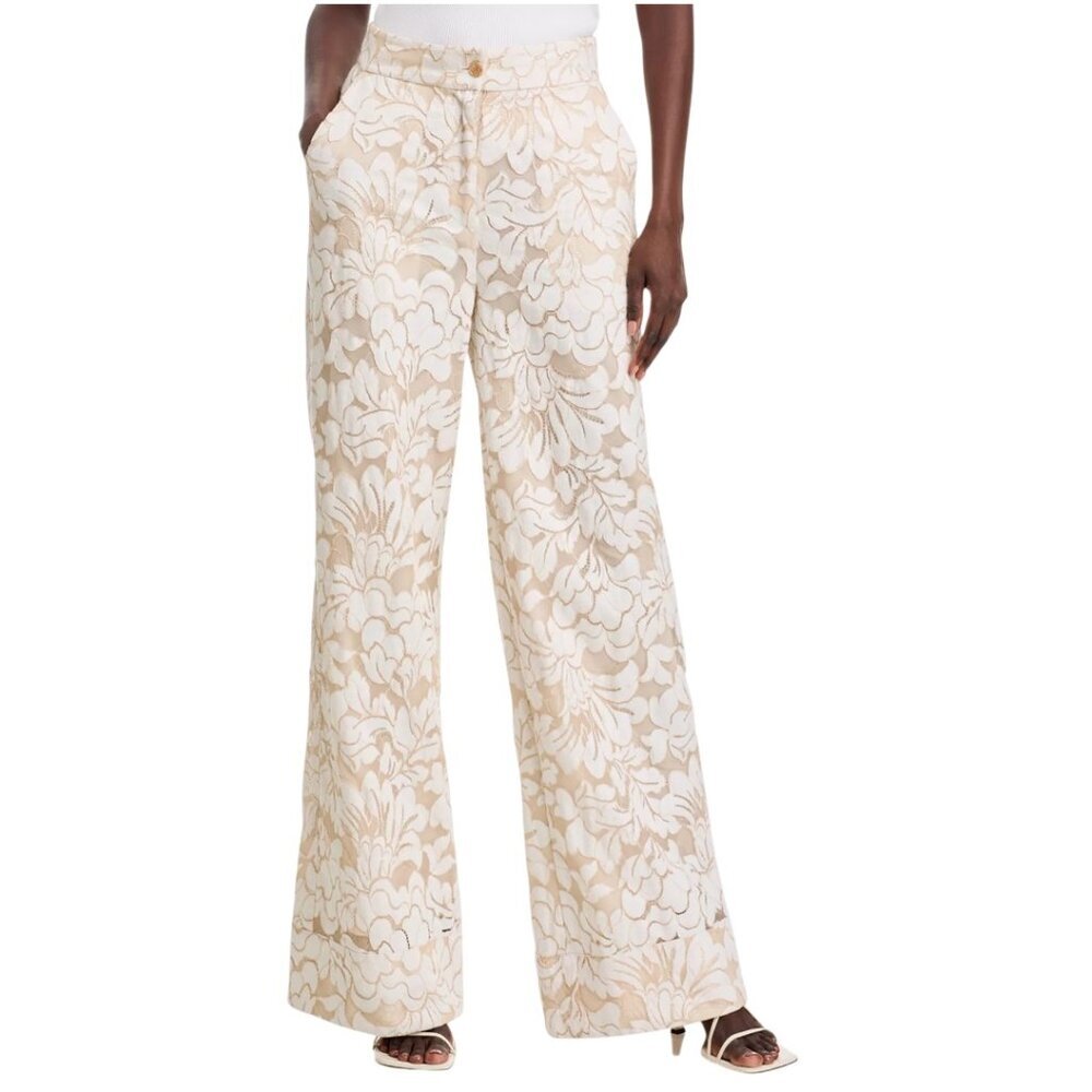 445$ TOCCIN Tonal Brocade Pattern Suri Wide Leg Pants Size M Ivory Natural